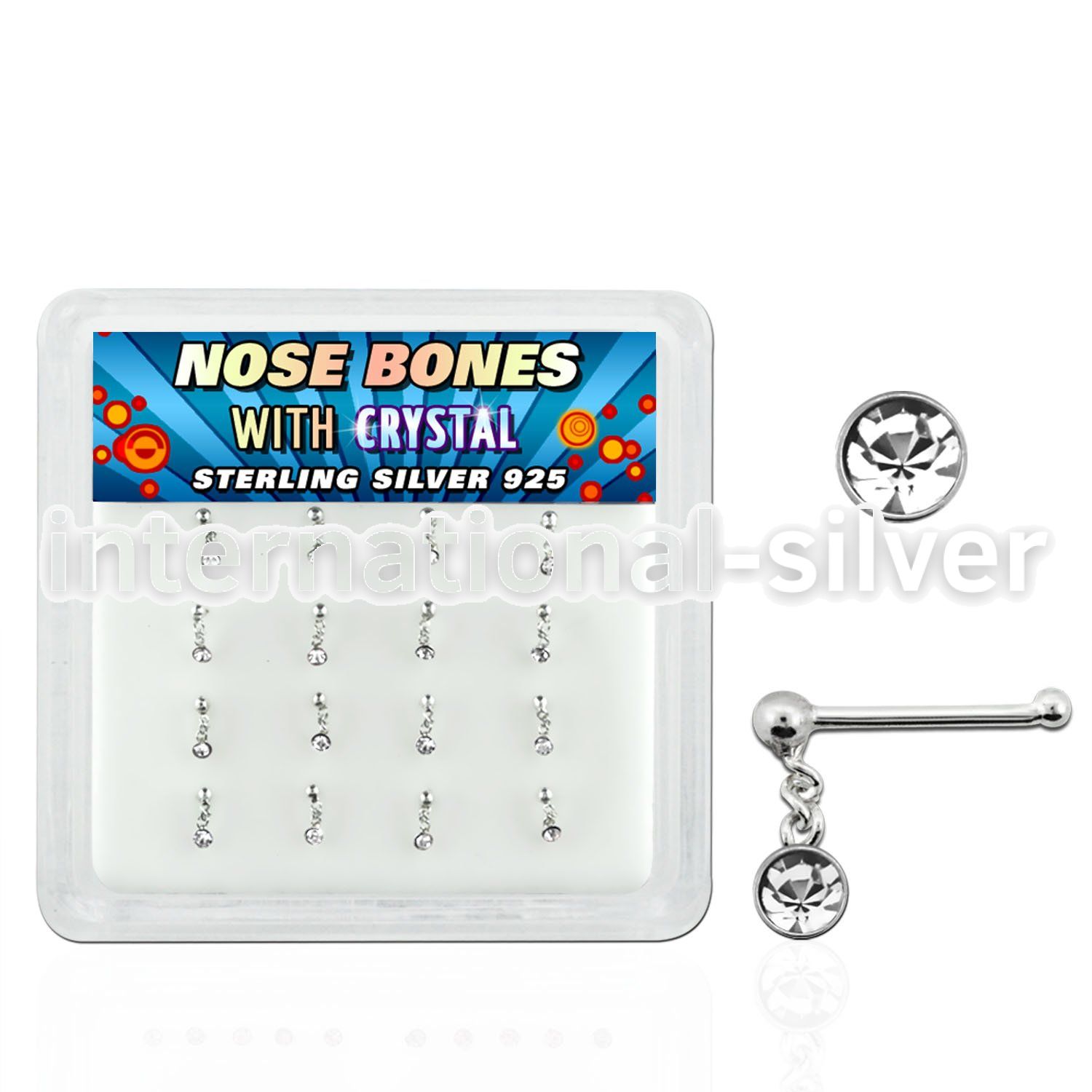 nbdc16 box of silver nose bones w ball top dangling crystal