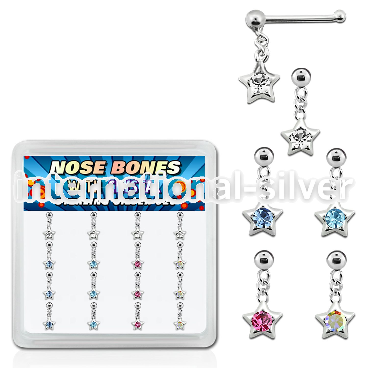 nbds16 box of silver nose bones w ball dangling star crystal