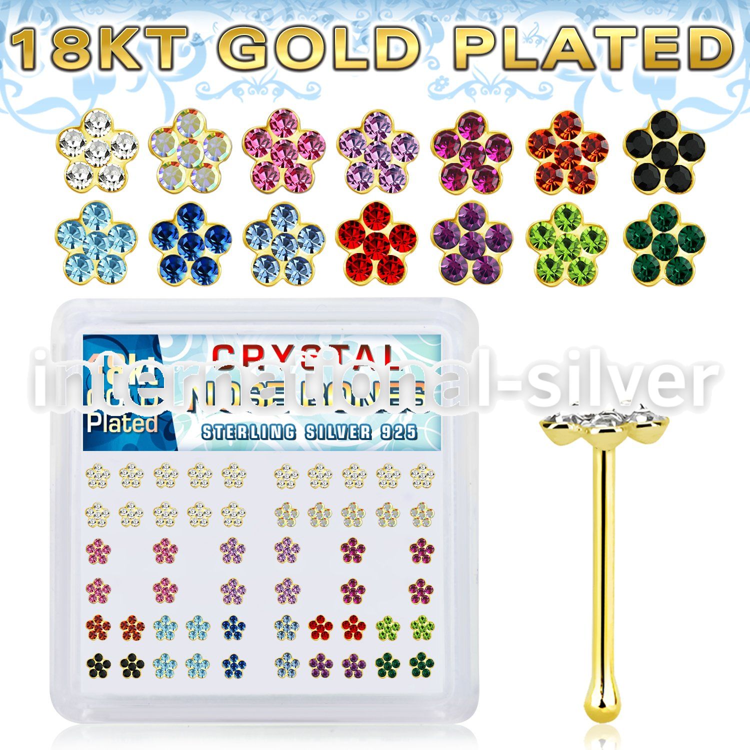 nblfbxsg 18k gold plated silver nose bones with color flower