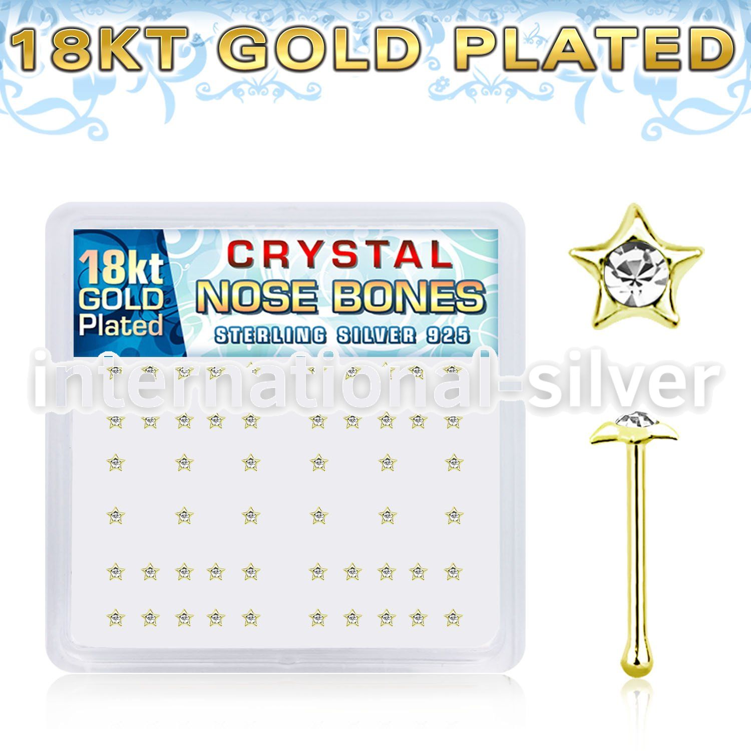 nbstxcg 18k gold plated silver nose bones with clear star