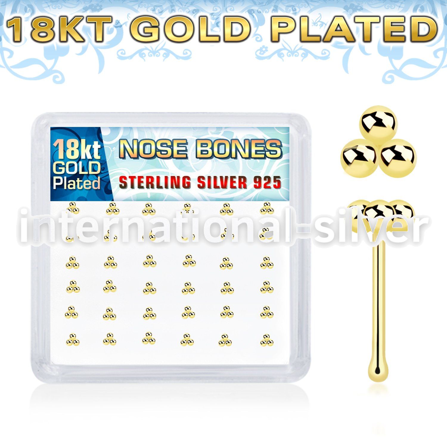nbtsv36g 18k plating silver nose bones triple balls 36pcs