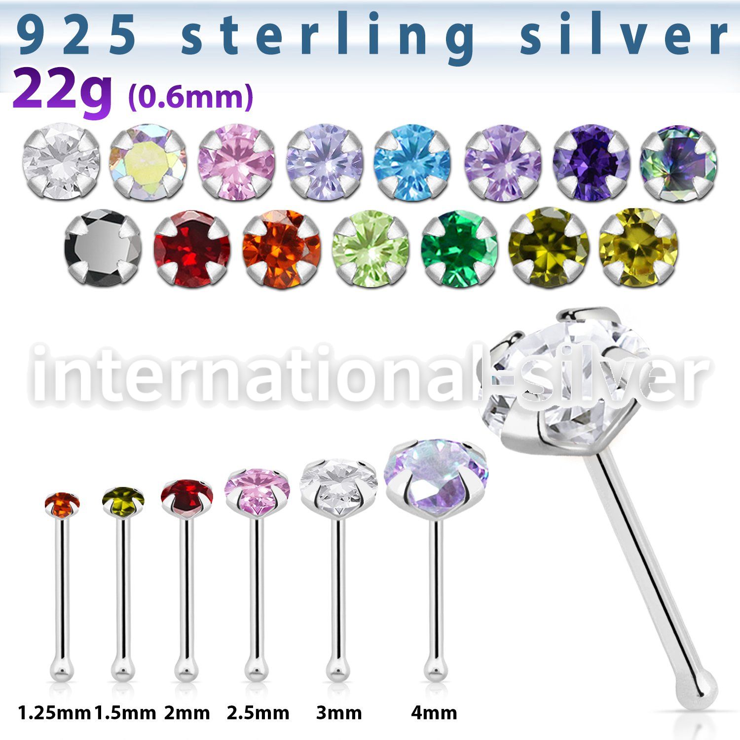 nbz sterling silver 22g nose bone round cz