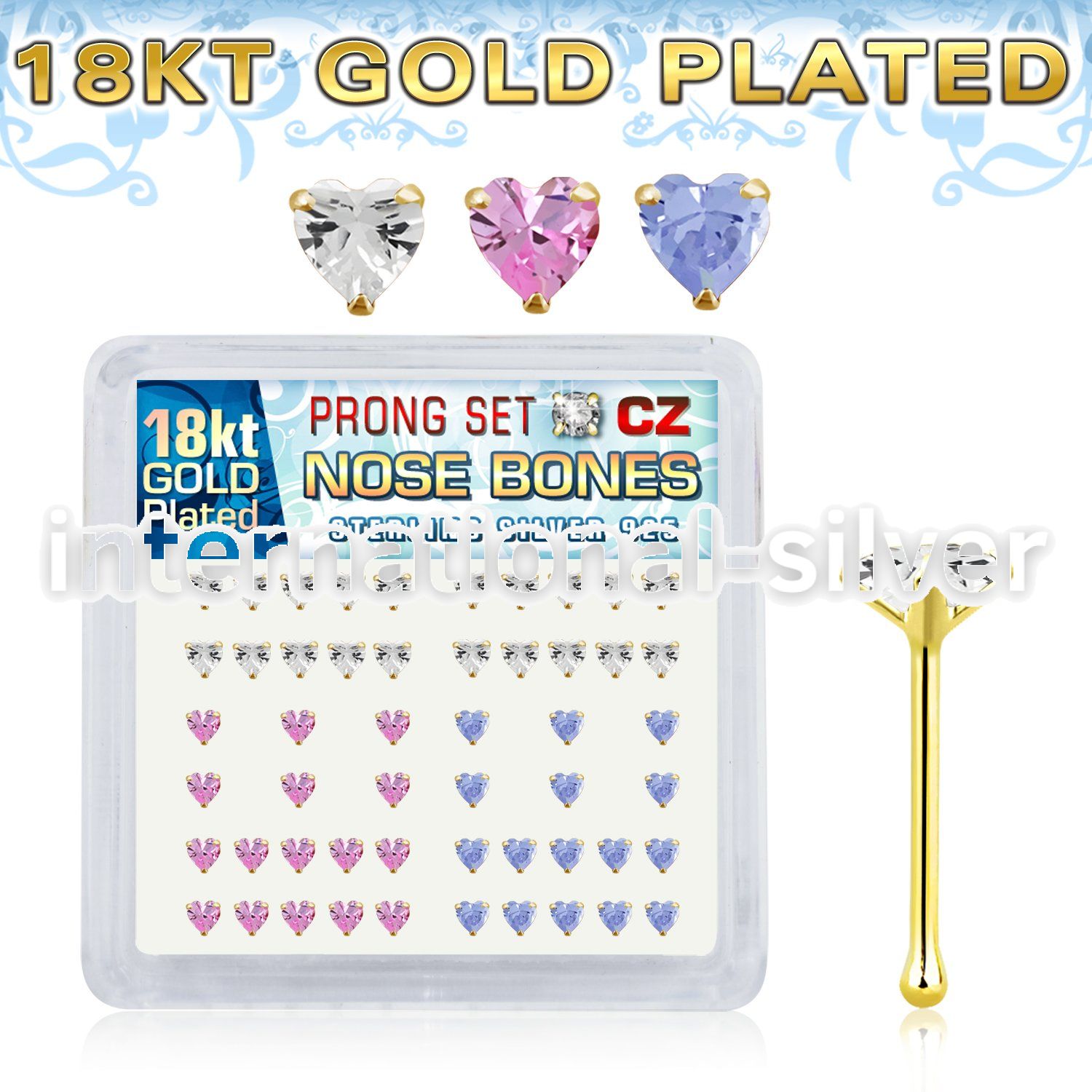nbzhmg 18k gold plated silver nose bones with prong cz heart