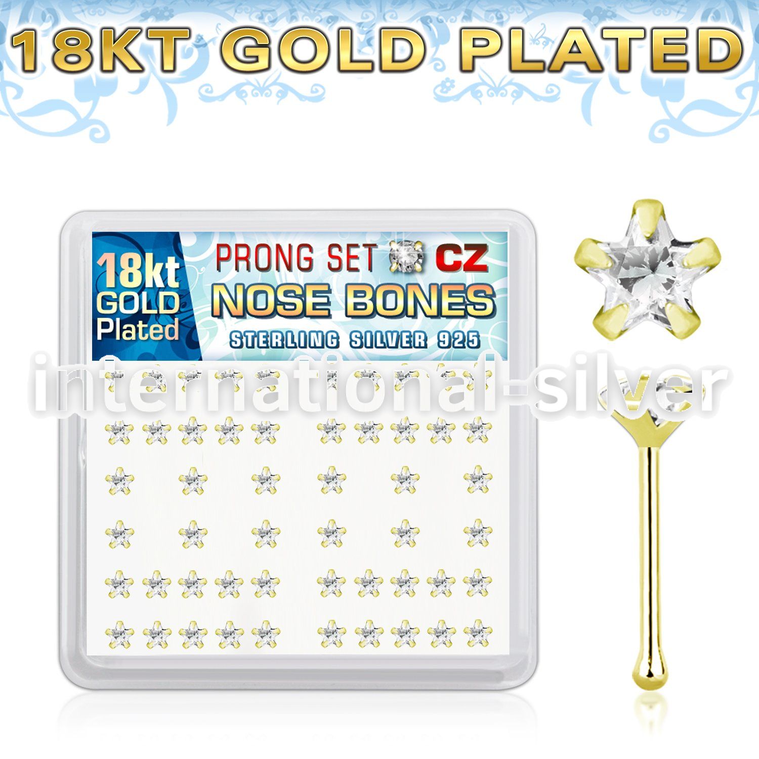 nbzscg 18k gold plated silver nose bones with prong cz star