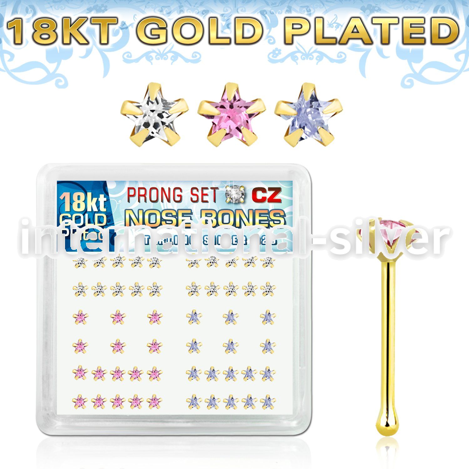 nbzsmg 18k gold plated silver nose bones with prong cz star