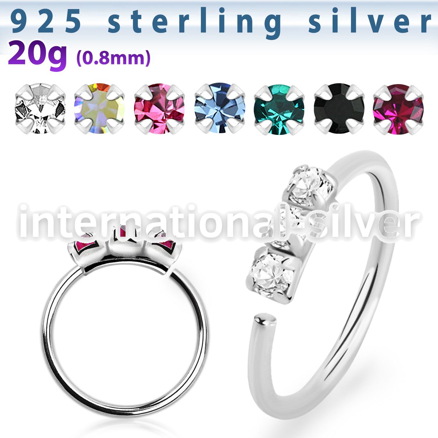 nham 925 sterling silver seamless nose ring 1.5mm prong set color crystals