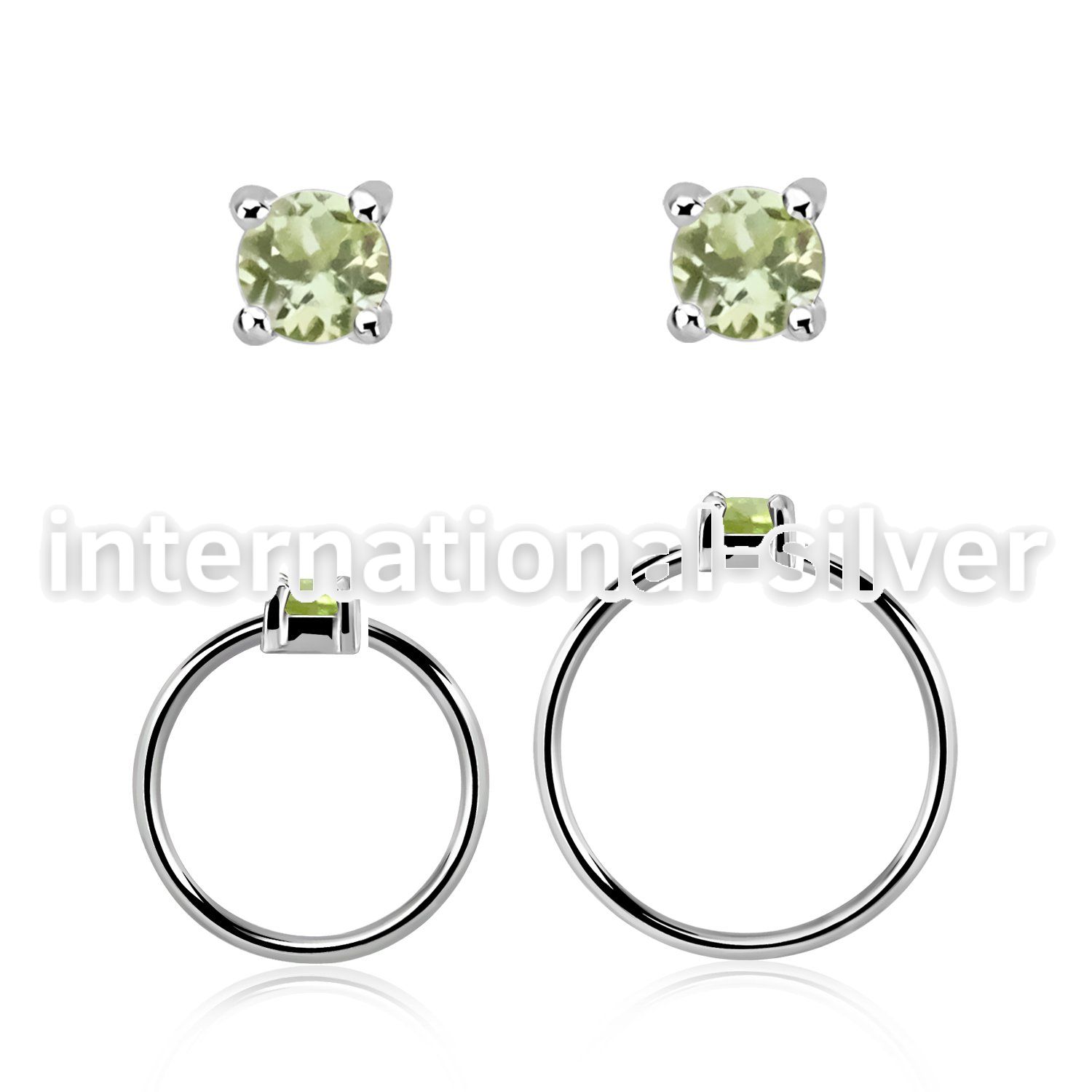 nhge4 silver nose ring w a 2mm peridot in casting prong set