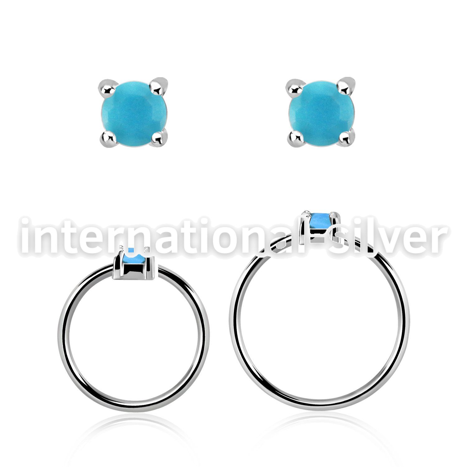 nhge7 silver nose ring w a 2mm turquoise in casting prong set