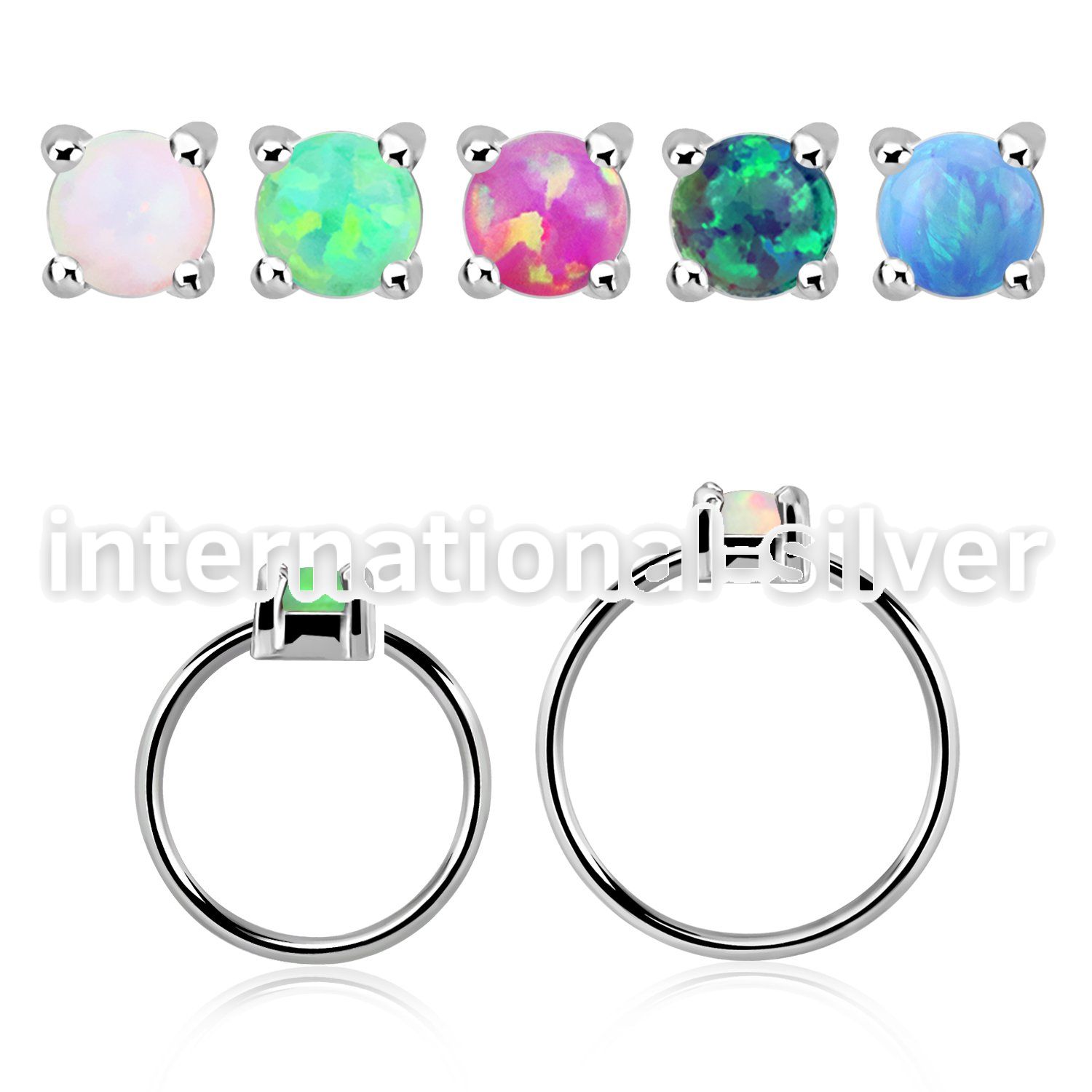 nho25 silver nose ring w 2.5mm synthetic opal casted prong set