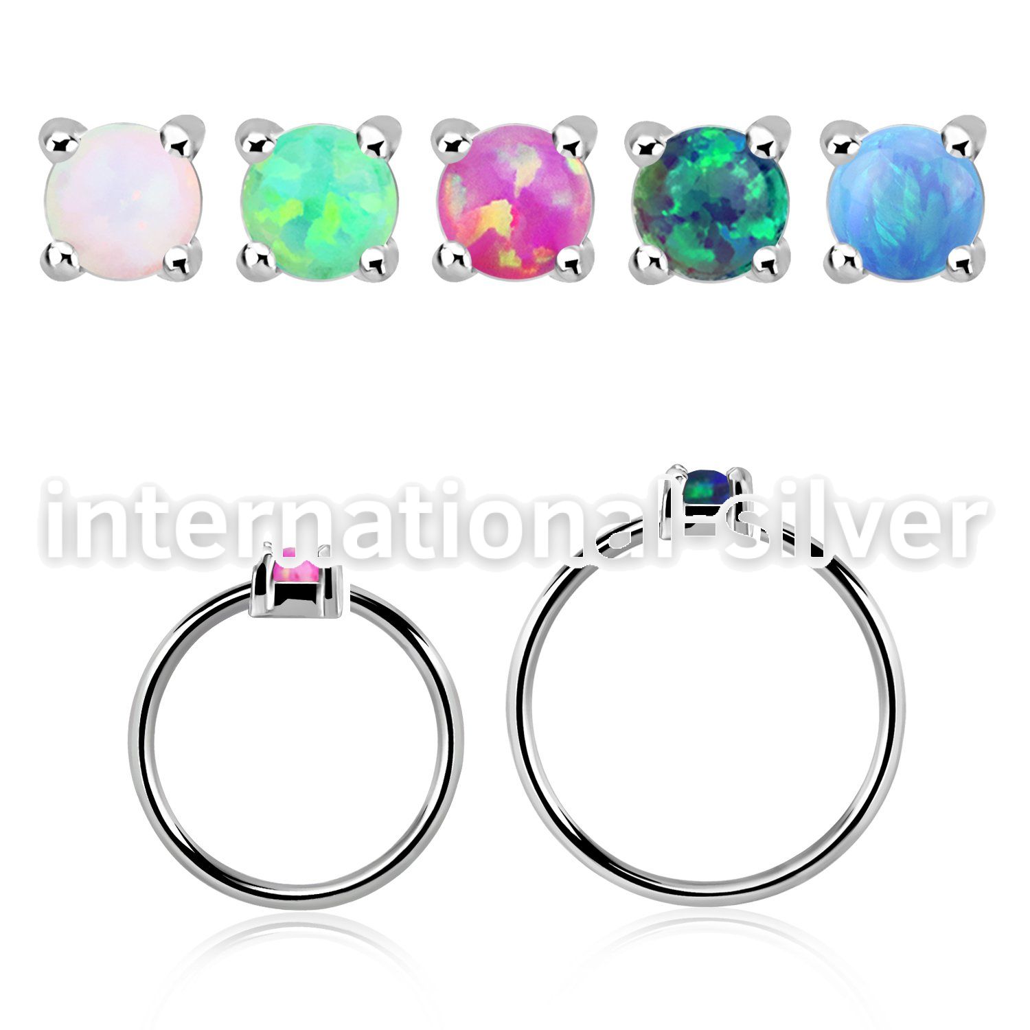 nho2 silver nose ring w 2mm synthetic opal casting prong set