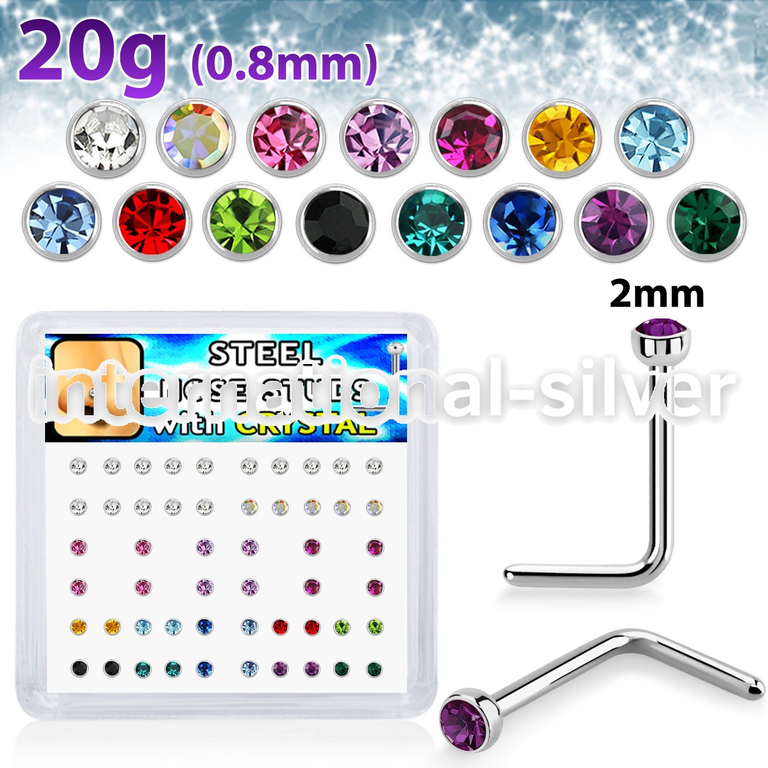 nlc20xm surgical steel nose studs round color gem tops