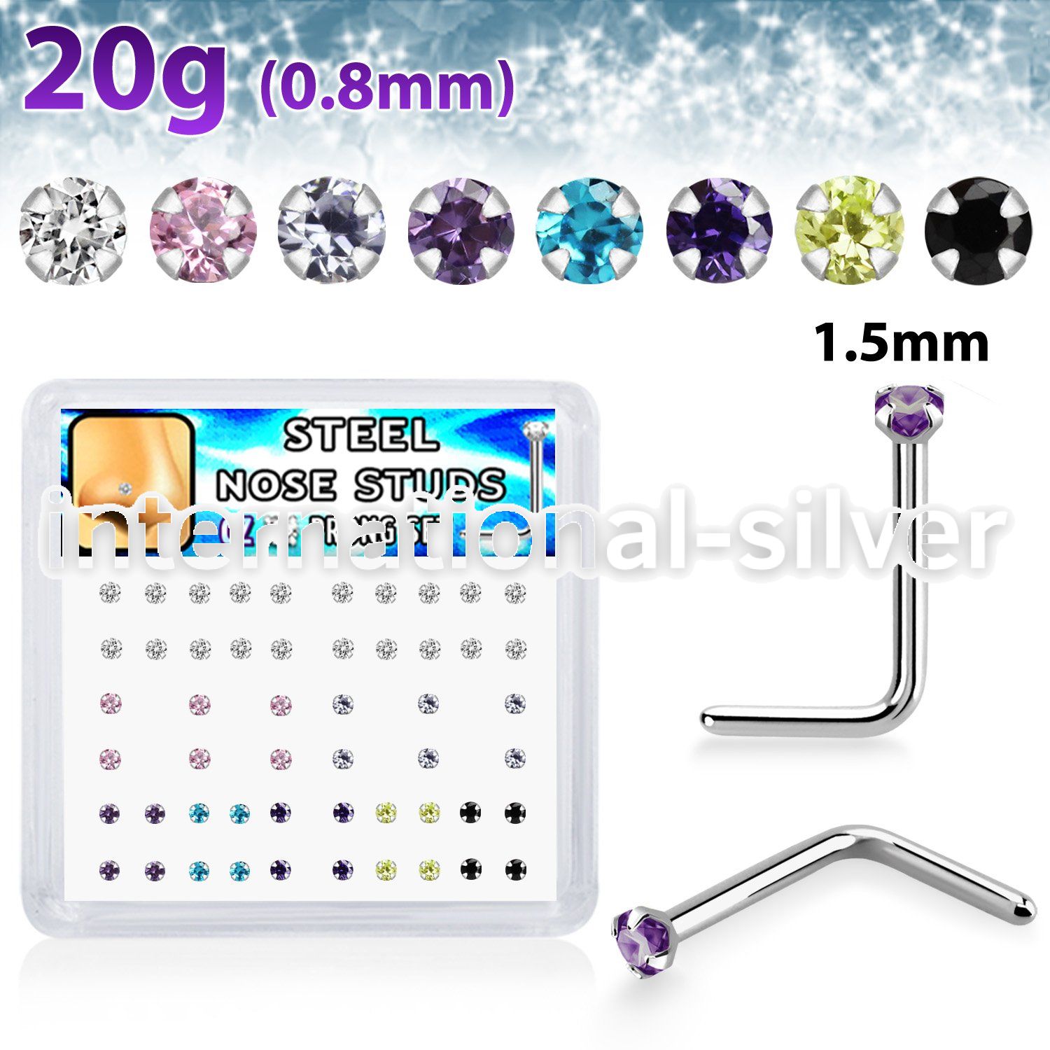 nlzr15xm surgical steel nose studs prong set round mixed cz