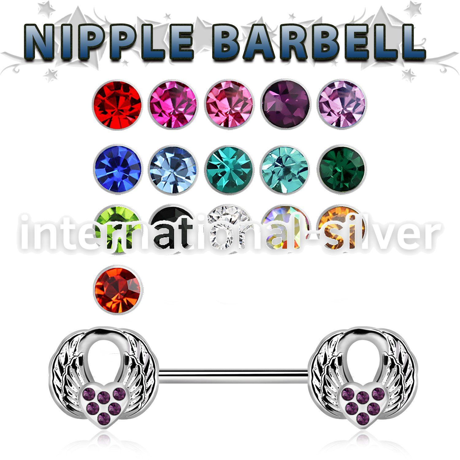 npsh24 steel nipple barbell w twin wings with crystals