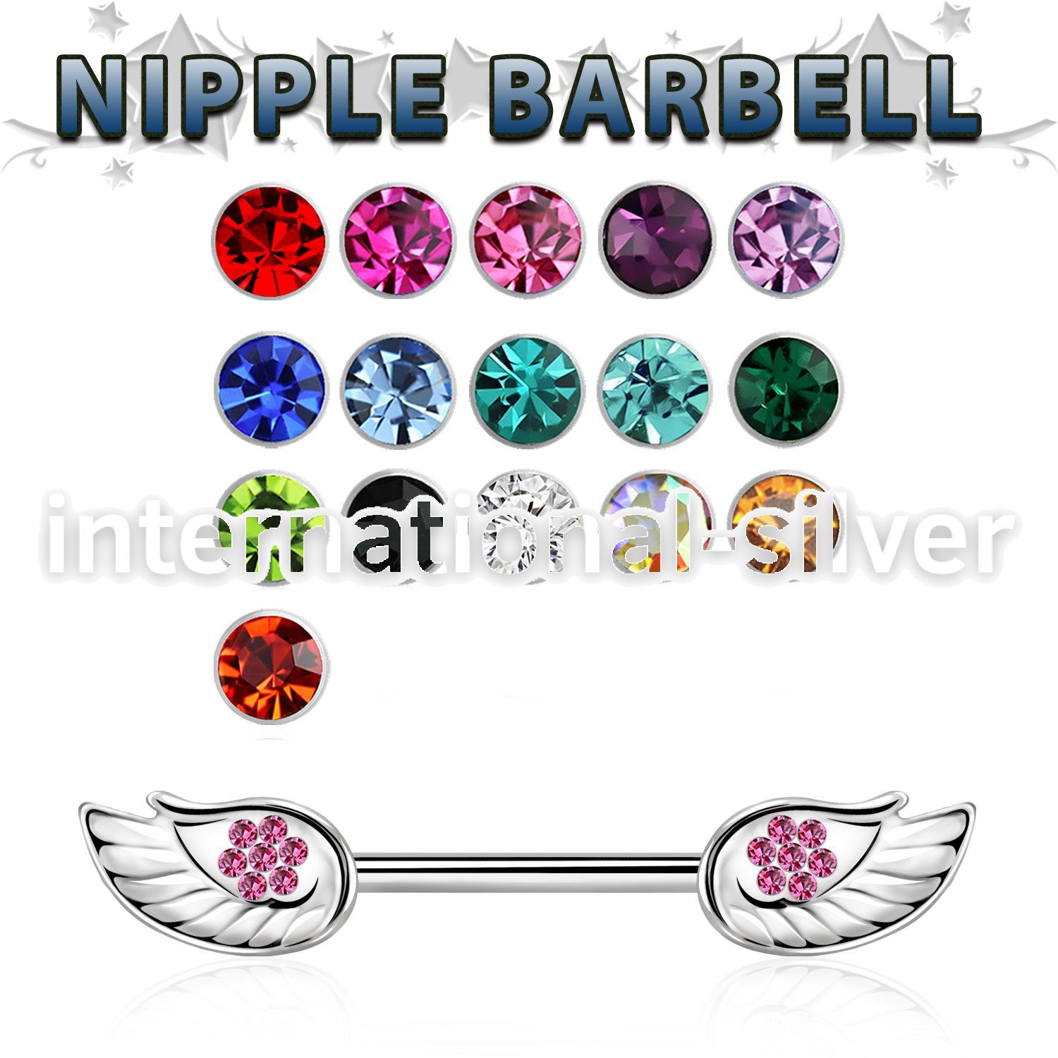 npsh25 steel nipple barbell, 14g (1.6mm) w small wing w crystal