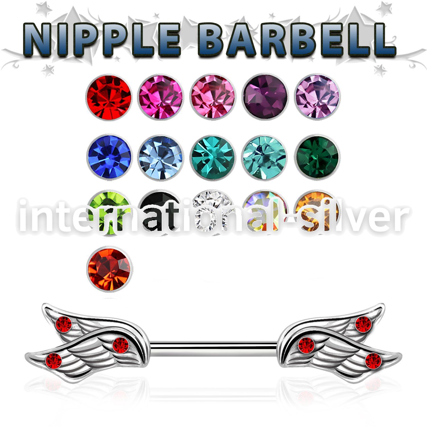 npsh26 steel nipple barbell w double wings w 3 crystals