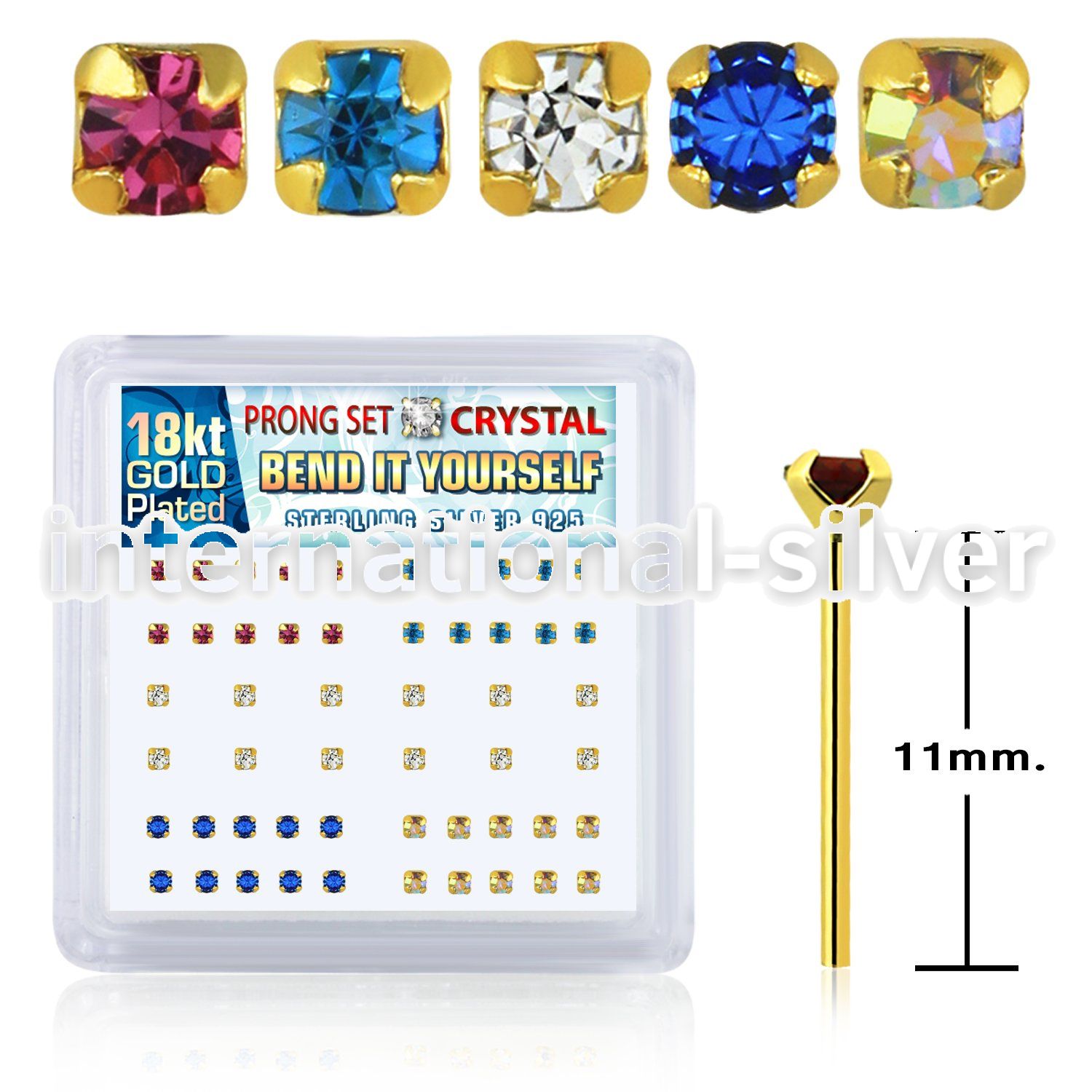 npygm box w 52 silver bend it nose studs w 1.8mm set crystal