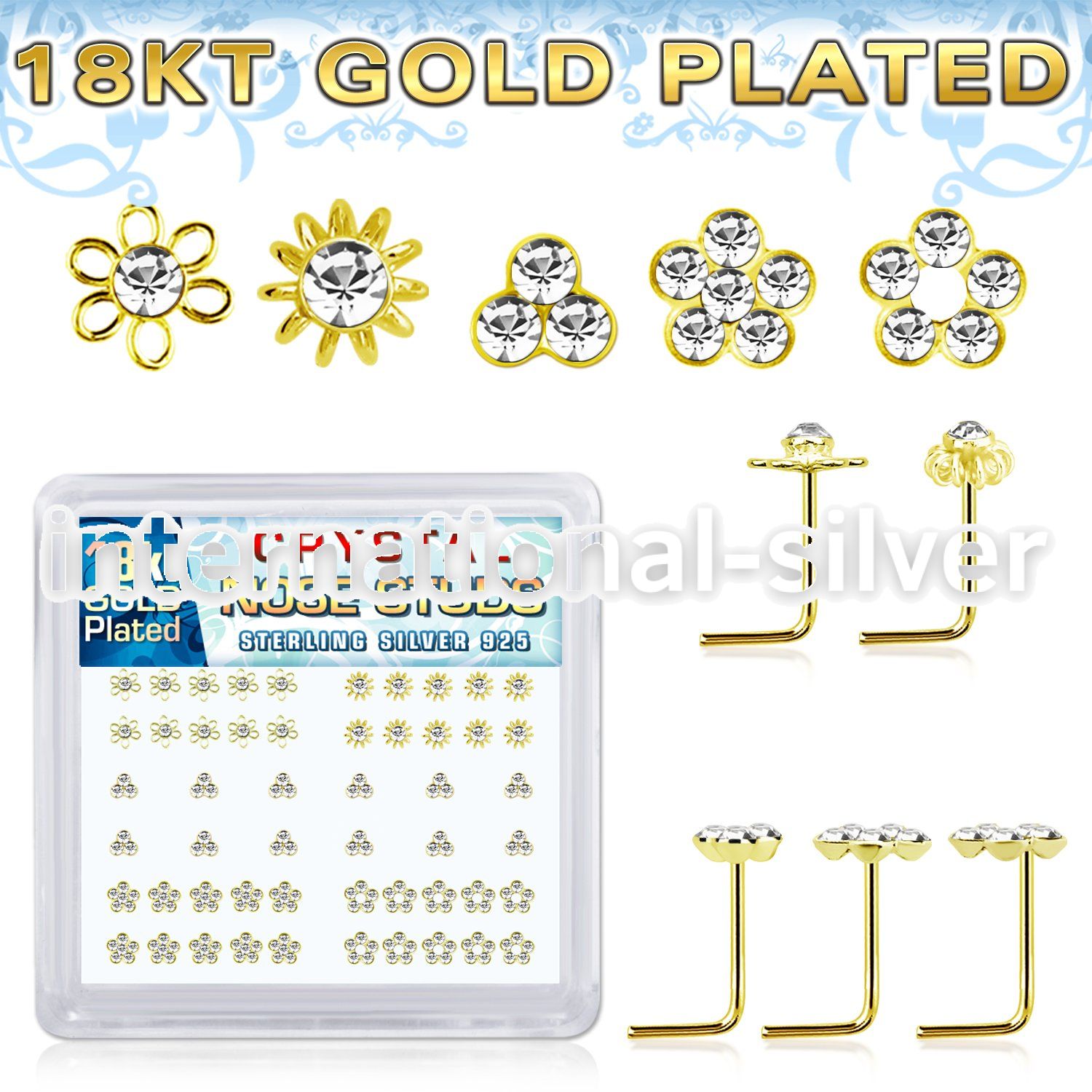 nsbxm7cg 18kt gold plated silver nose studs mixed flower 52