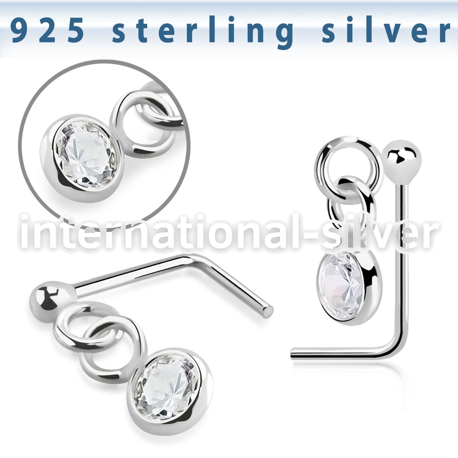 nsdvbz1 silver l shaped nose stud ball press fit dangling cz