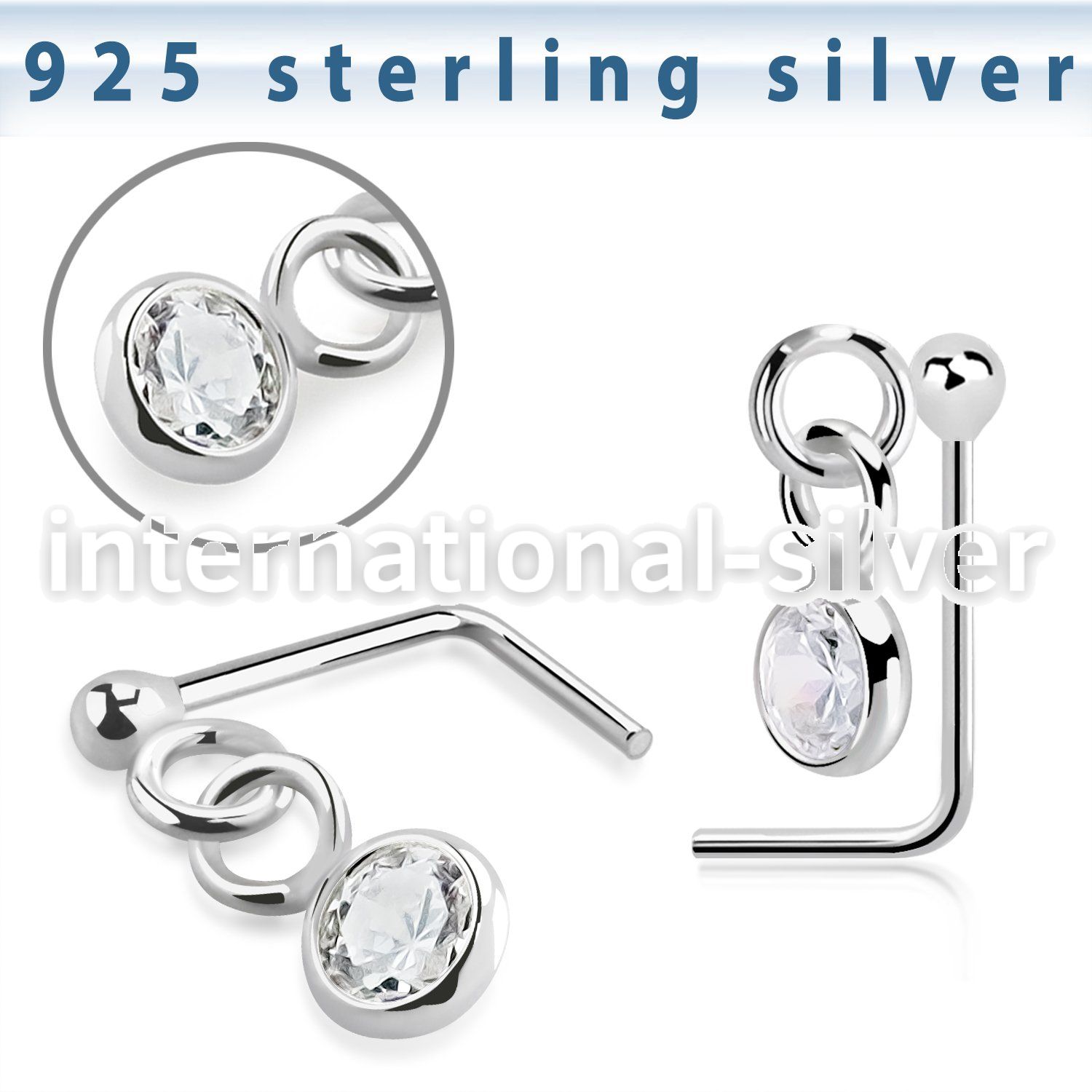 nsdvbz1 silver l shaped nose stud ball press fit dangling cz
