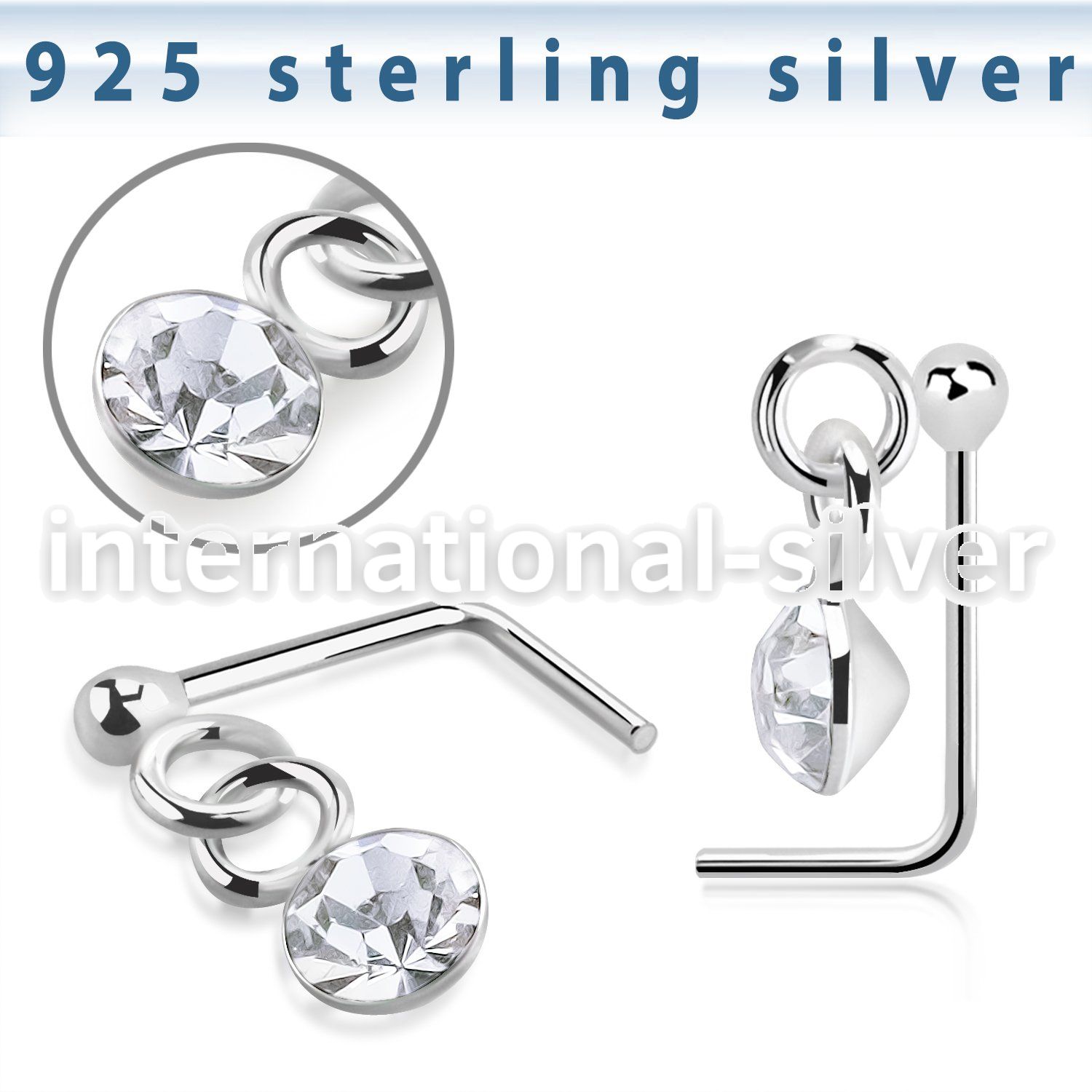nsdvm1 sterling silver l shaped nose stud ball dangling gem