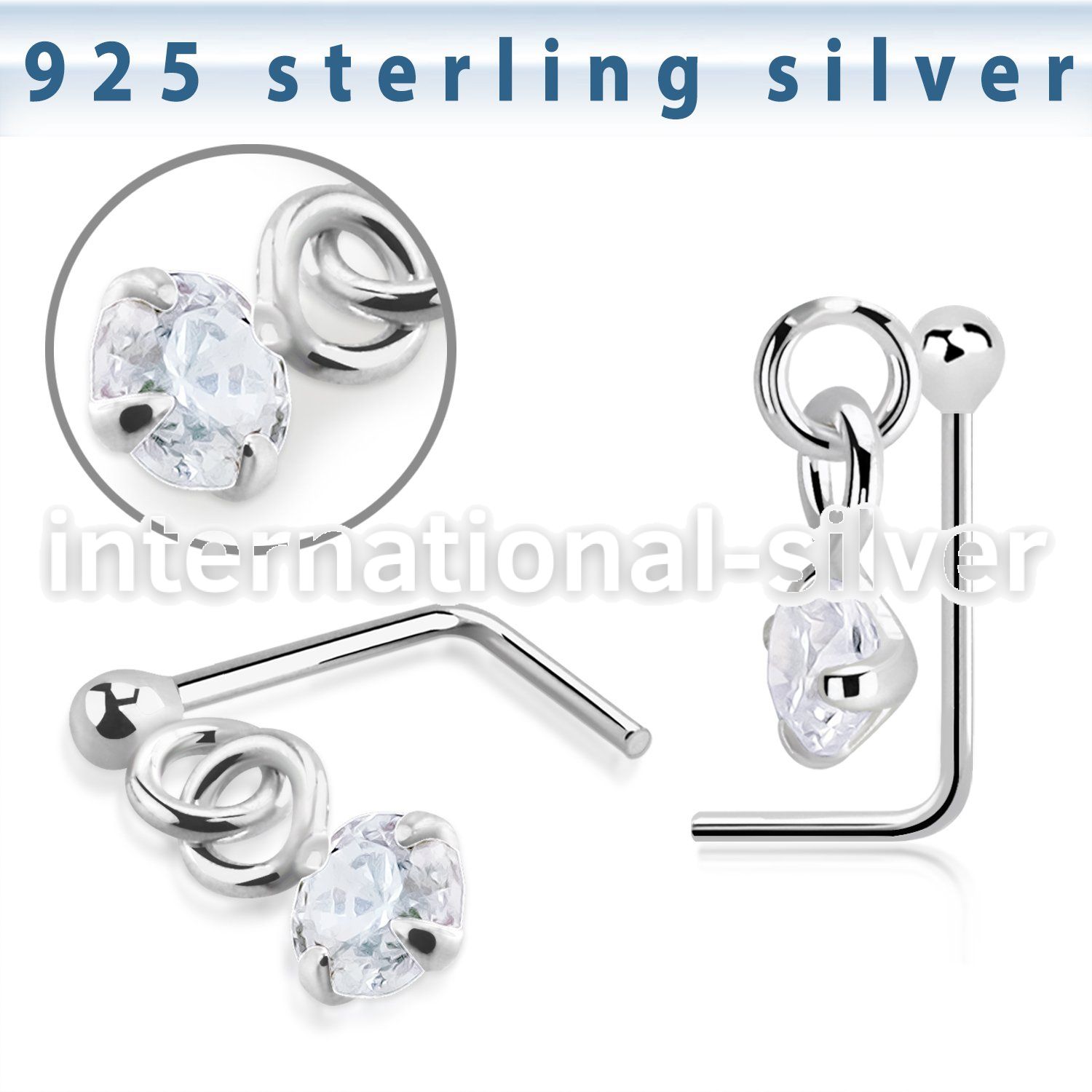 nsdvpz1 silver l shaped nose stud ball prong set dangling cz