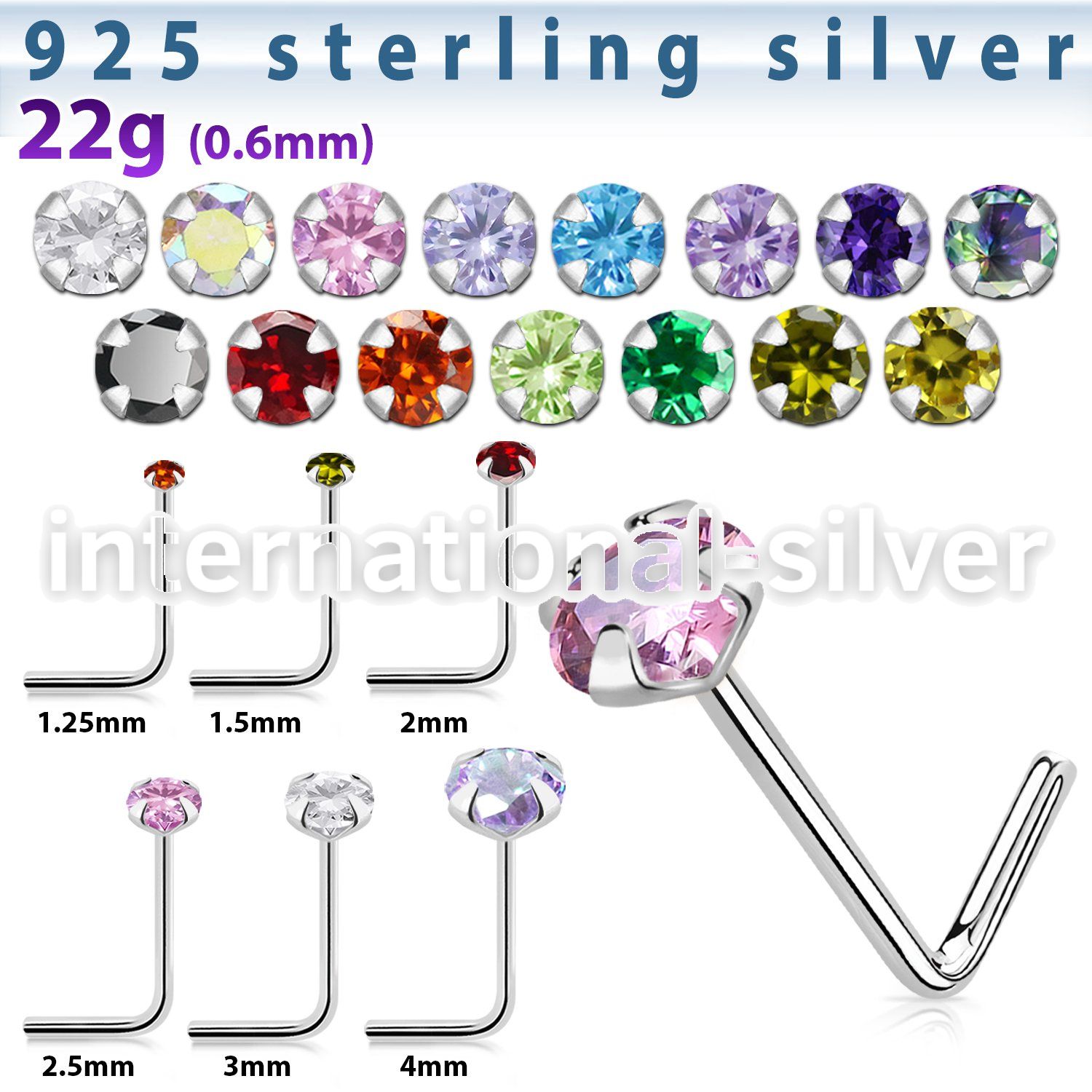 nsz sterling silver 22g l shaped nose stud round cz