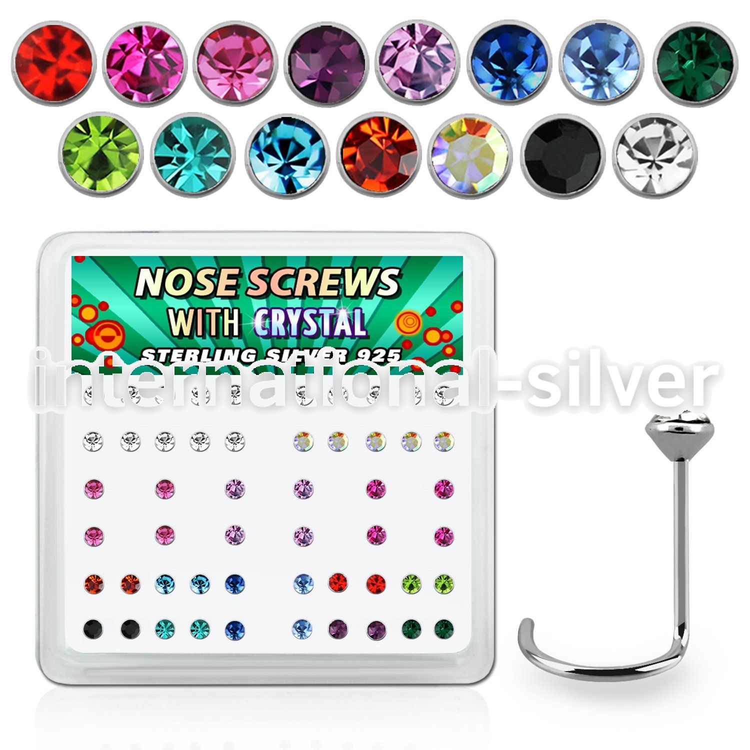 nw14mx box w 52 sterling silver nose screws w 2mm mix crystals