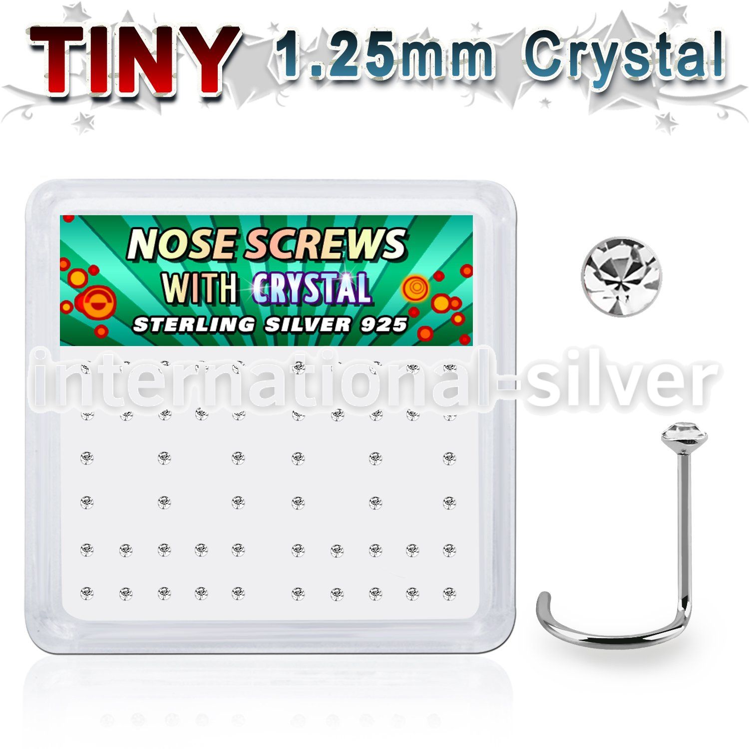 nw6cx box w 52 silver nose screws w tiny 1.25mm clear crystals