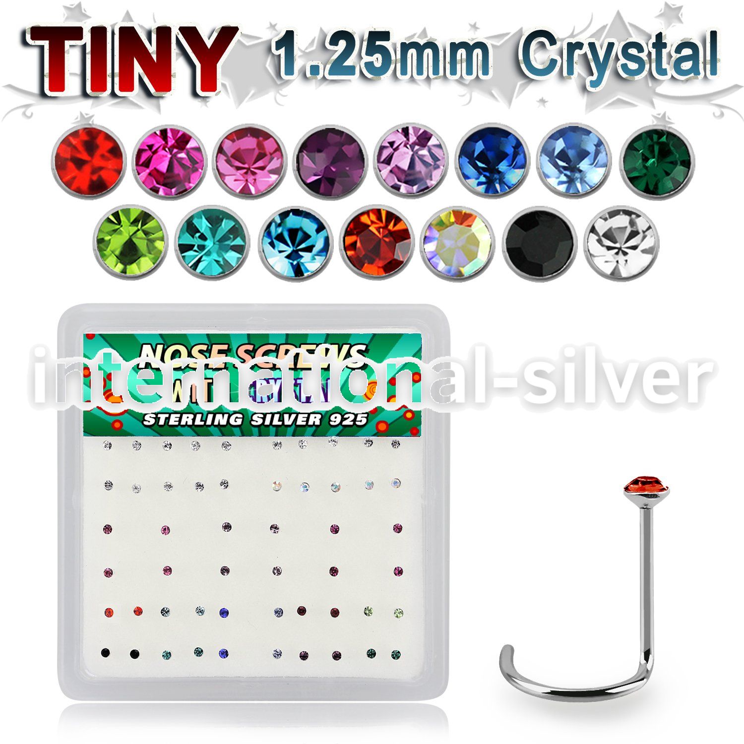 nw6mx box w 52 silver nose screws w tiny 1.25mm mix crystals