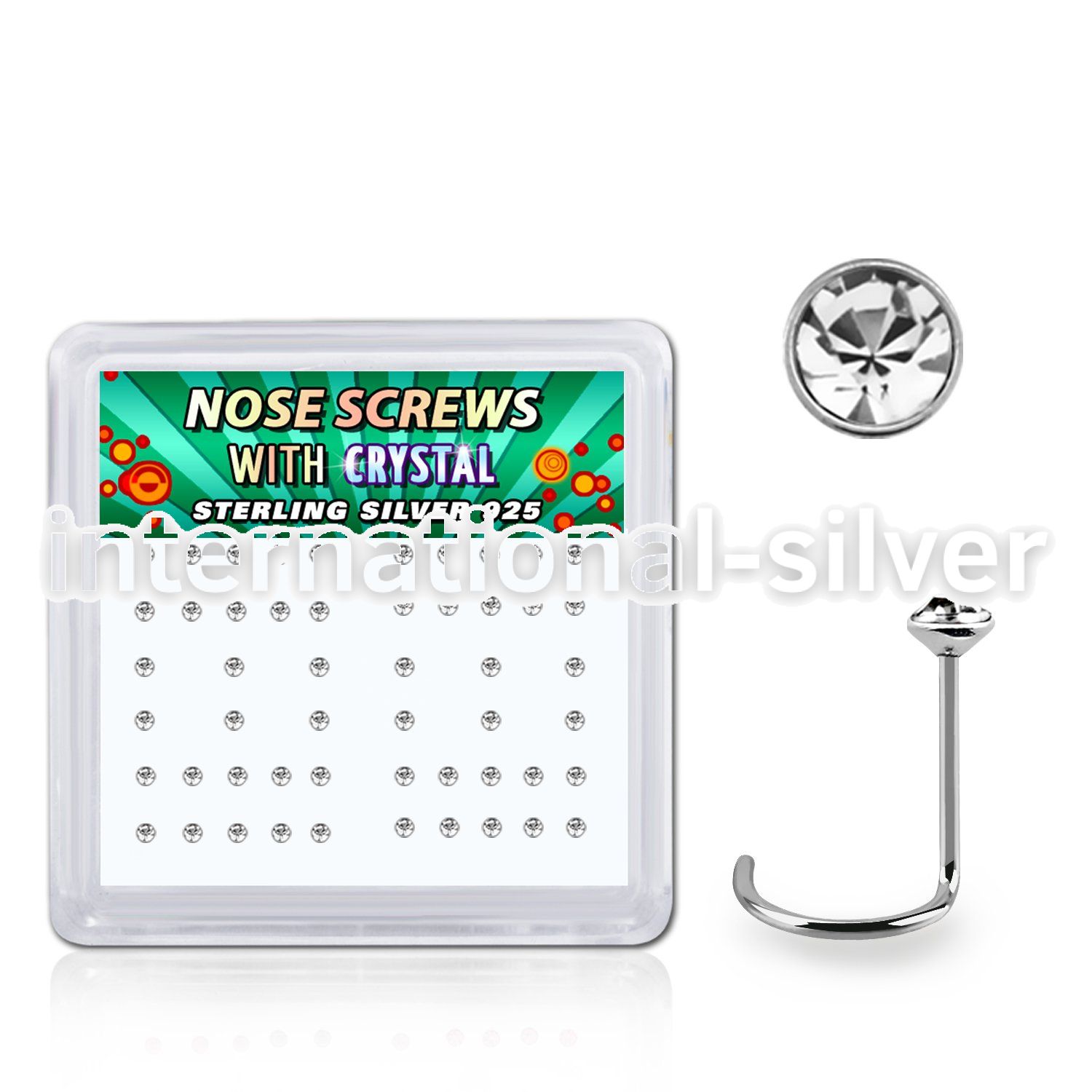 nwrdbxc box w 52 silver nose screws w 1.5mm clear crystals