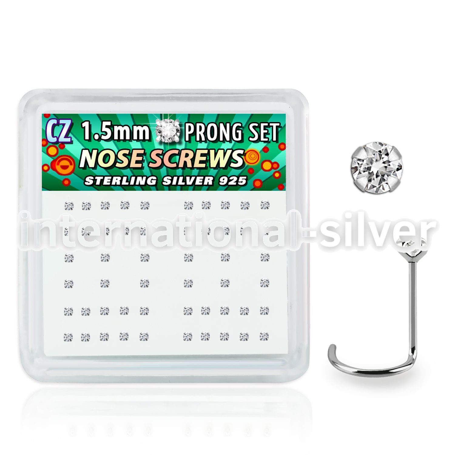 nwzbxc box w 52 silver nose screws w prong set 1.5mm clear czs