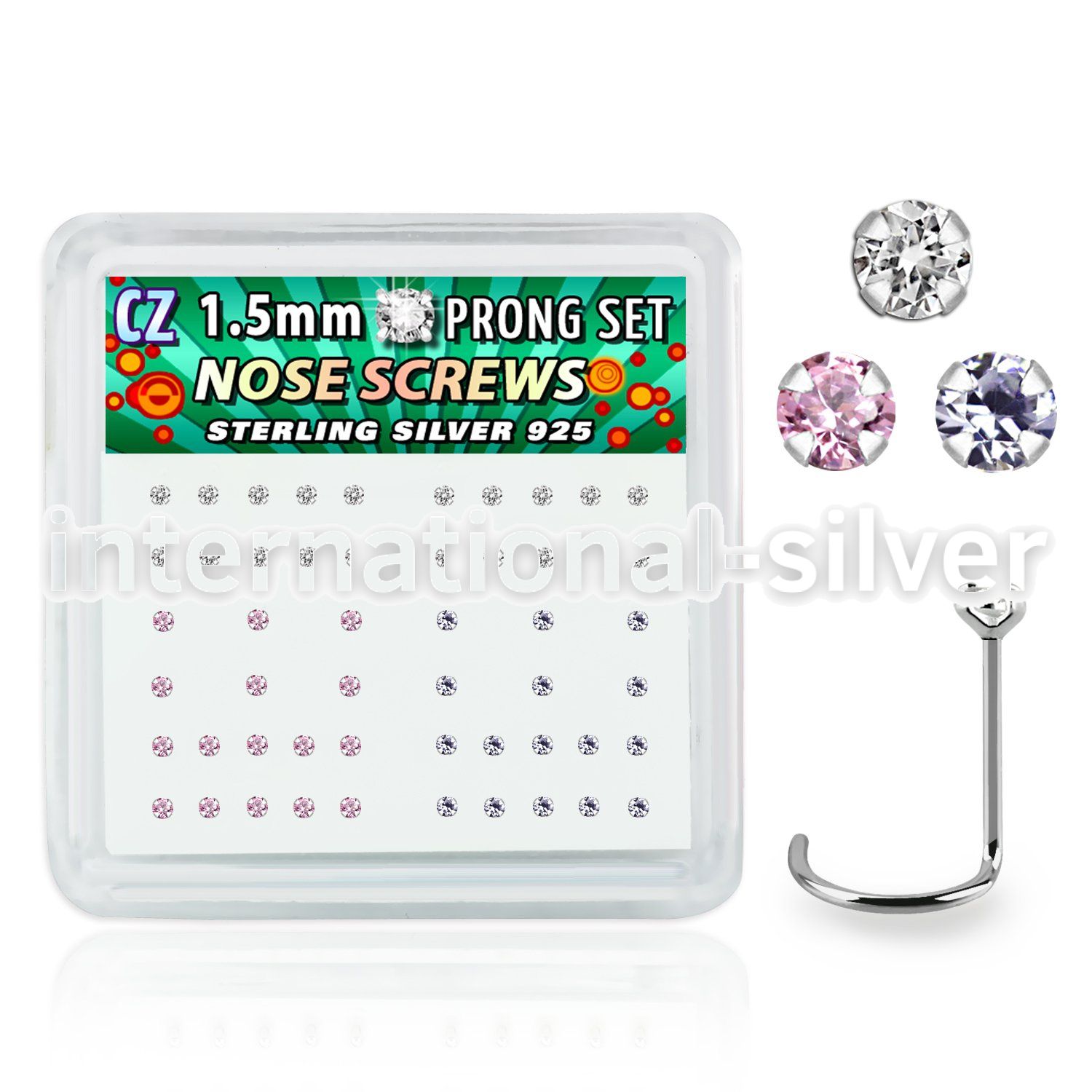 nwzbxm box w 52 silver nose screws w prong set 1.5mm mix czs