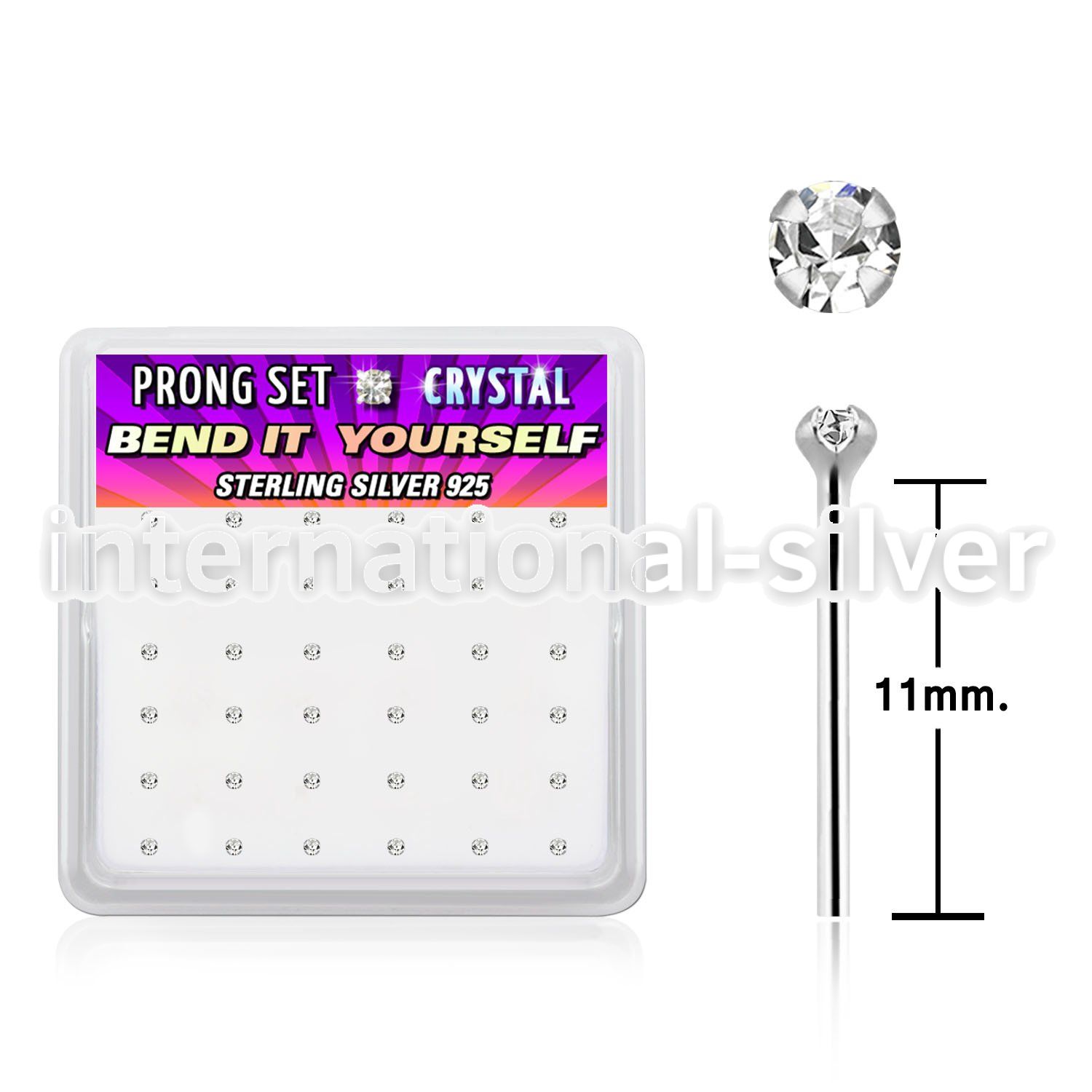 nyp9cbx silver bend it nose studs, 20g w 1.5mm clear crystals