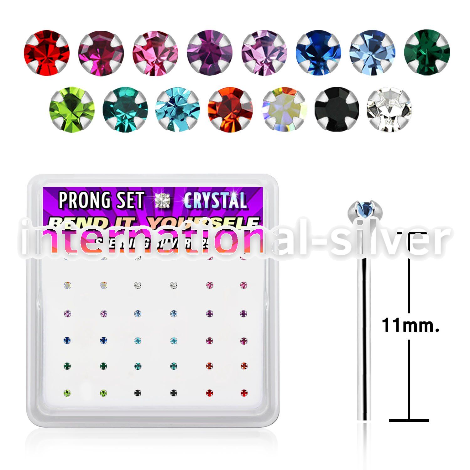 nyp9mbx box w silver bend it nose stud 20g 1.5mm color crystal