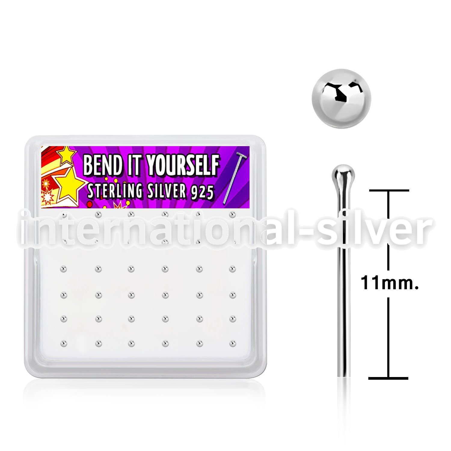 nysv15bx box w silver bend it nose studs, 20g w 1.5mm ball top