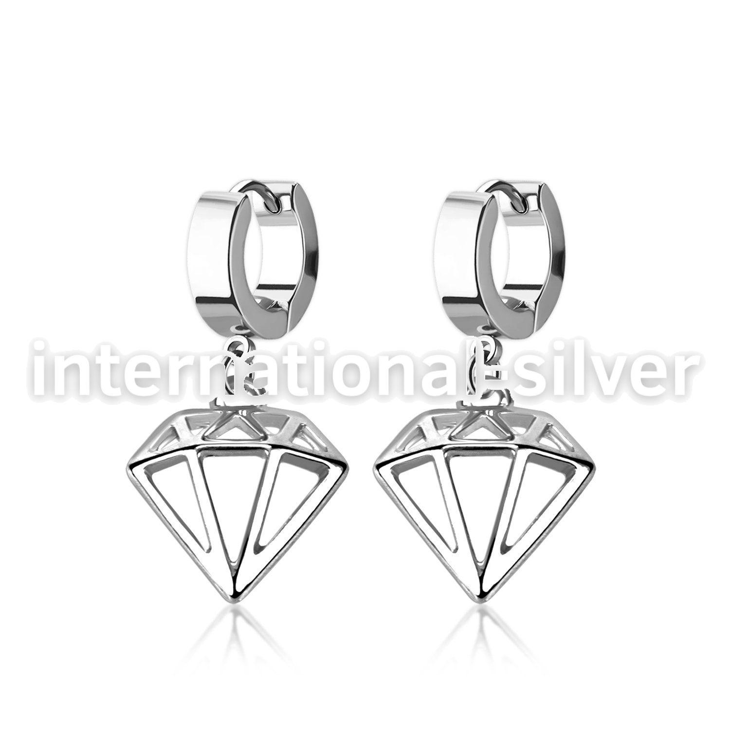 pair of stainless steel huggies w diamond dangling 