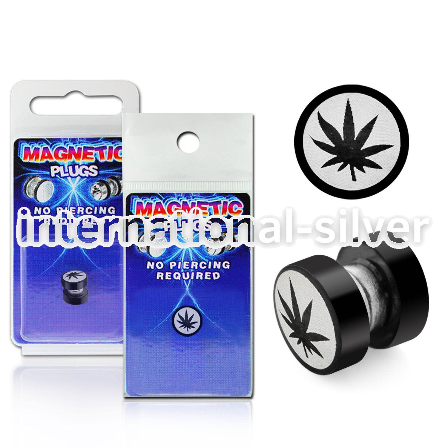 pkmp39 black 316l steel magnetic fake plug w marijuana logo