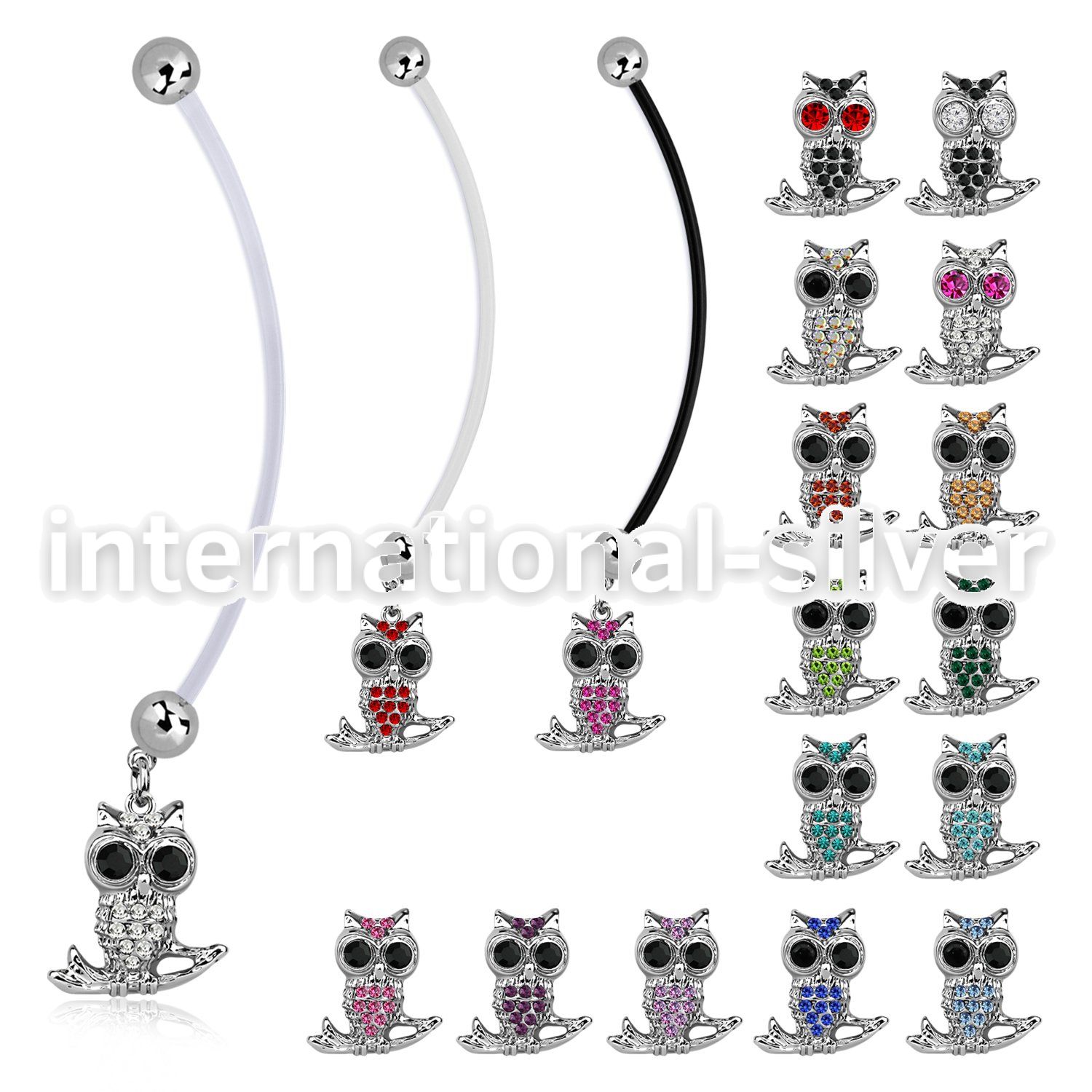 pnd465 pregnancy belly ring w crystal owl sitting on a branch