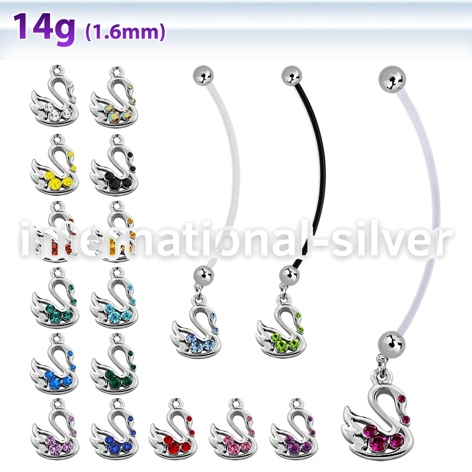 pnd472 pregnancy belly ring w dangling swan with crystals 