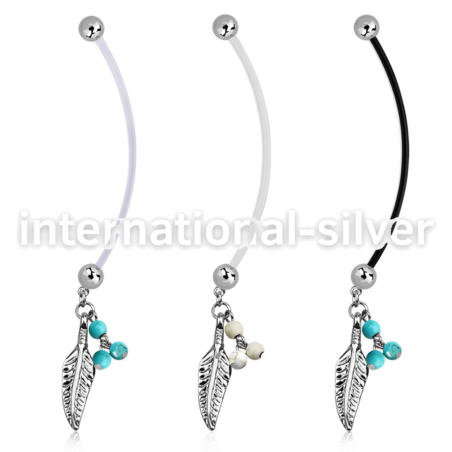 pnd601b pregnancy belly ring w dangling feather turquoise balls 