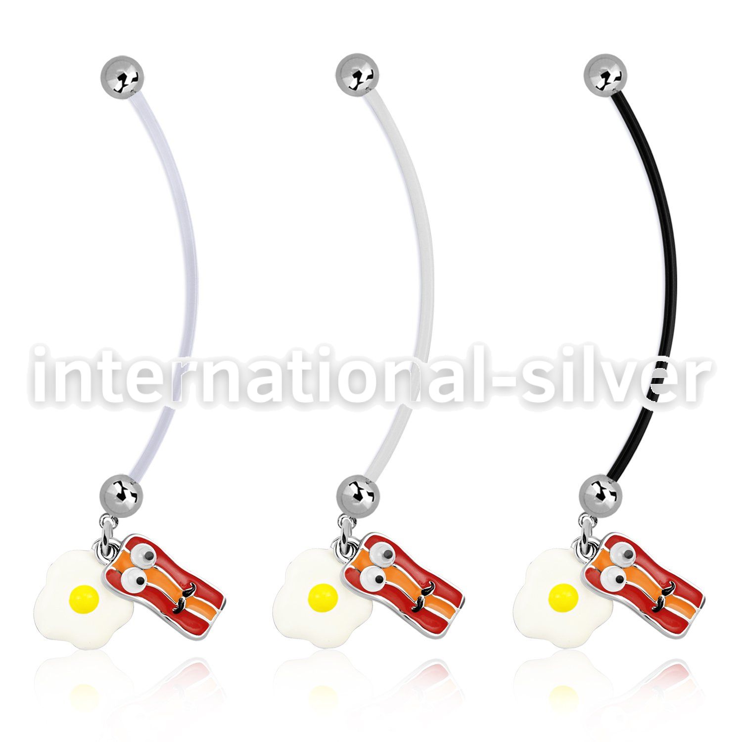 pnd645 pregnancy belly ring w bacon and eggs dangling 