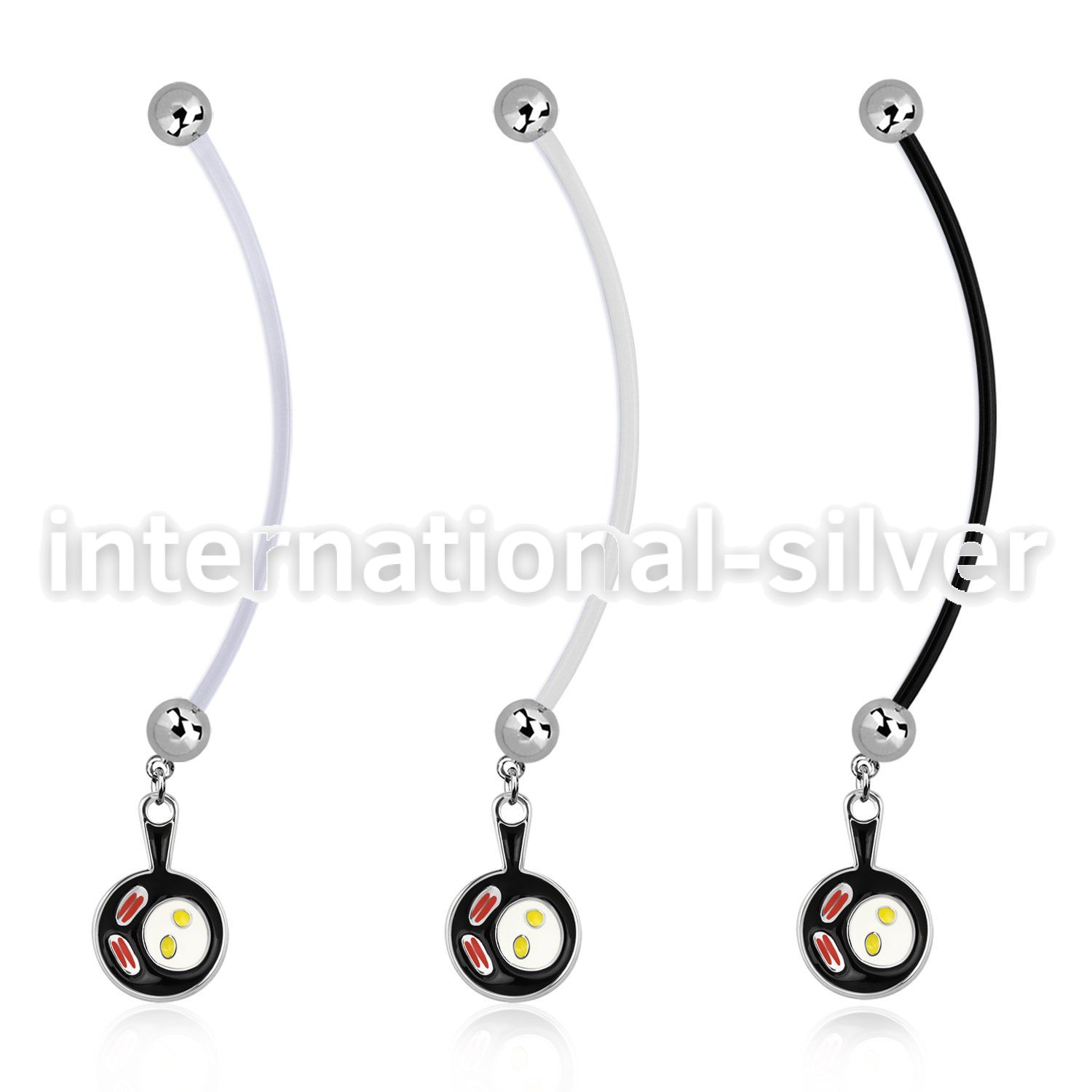 pnd646 pregnancy belly ring w dangling bacon eggs black pan 