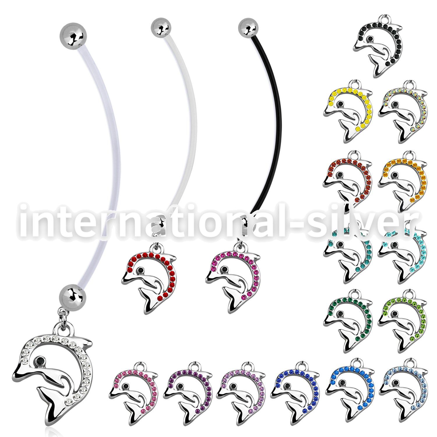 pnd672 pregnancy belly ring w dangling crystal studded dolphin 