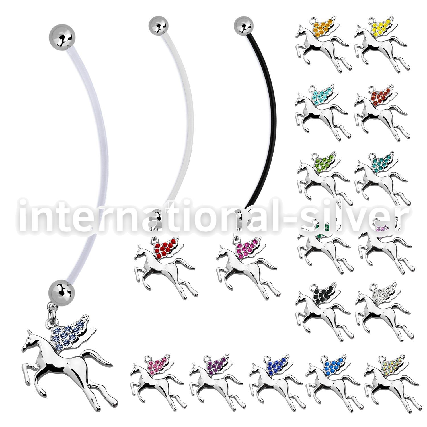 pnd675 pregnancy belly ring w dangling pegasus w crystal wings 