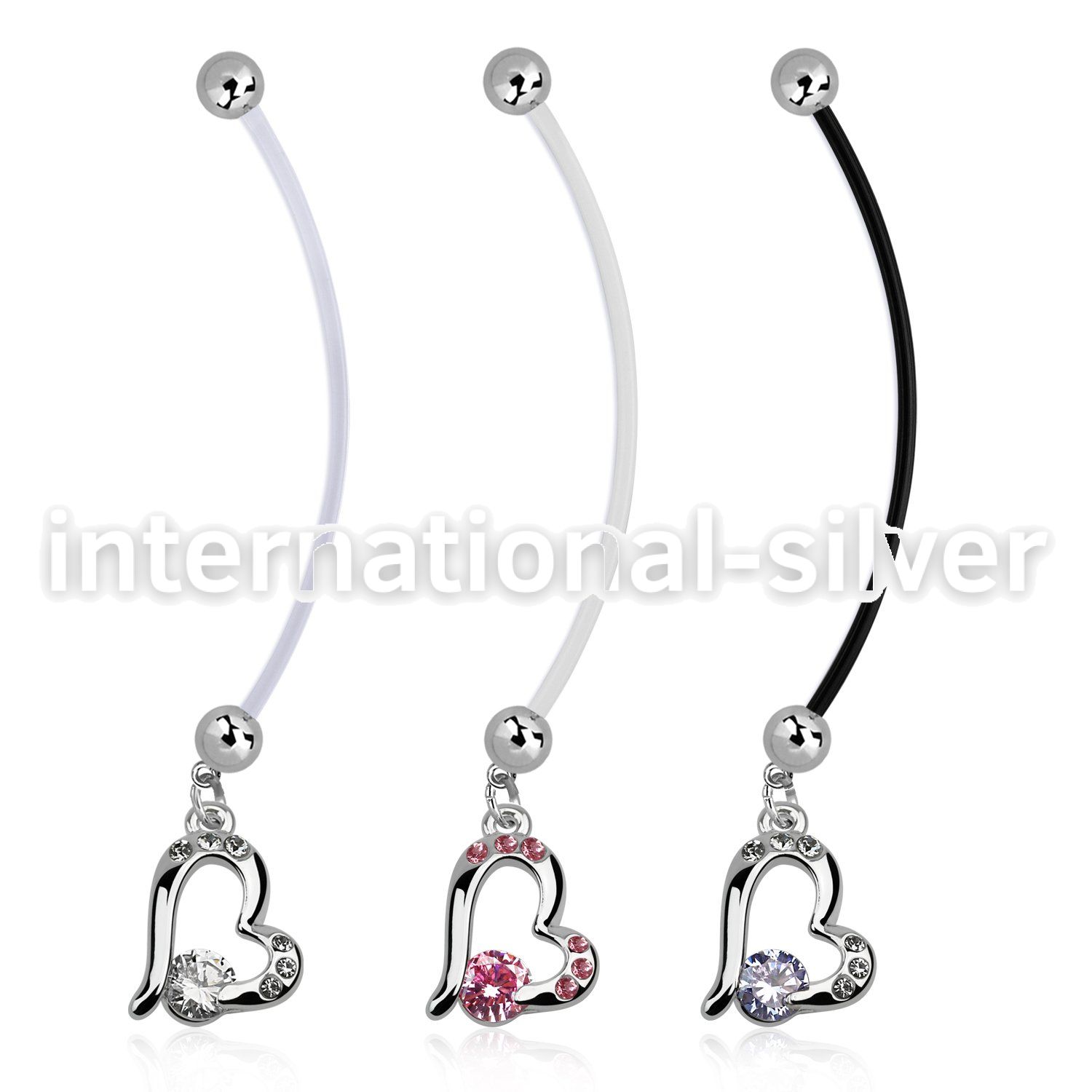 pndz362 pregnancy belly ring w dangling heart w a prong set cz