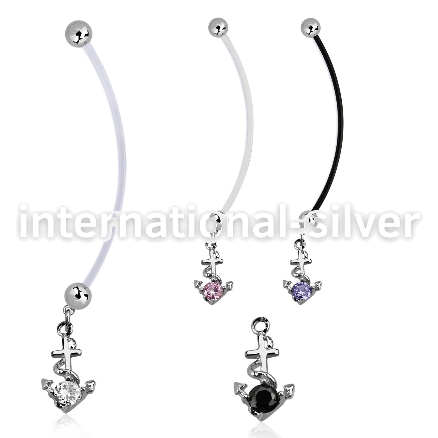 pndz371 pregnancy belly ring w dangling anchor w round cz
