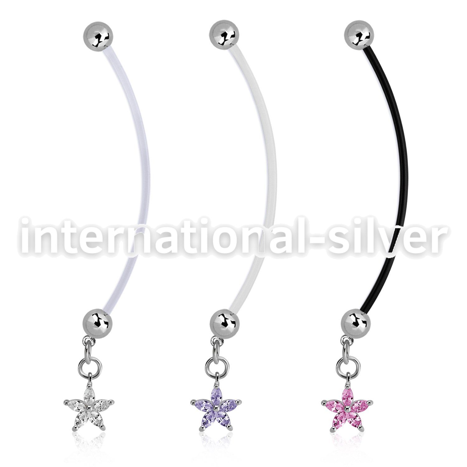 pndz413 pregnancy belly ring w dangling flower w prong set cz