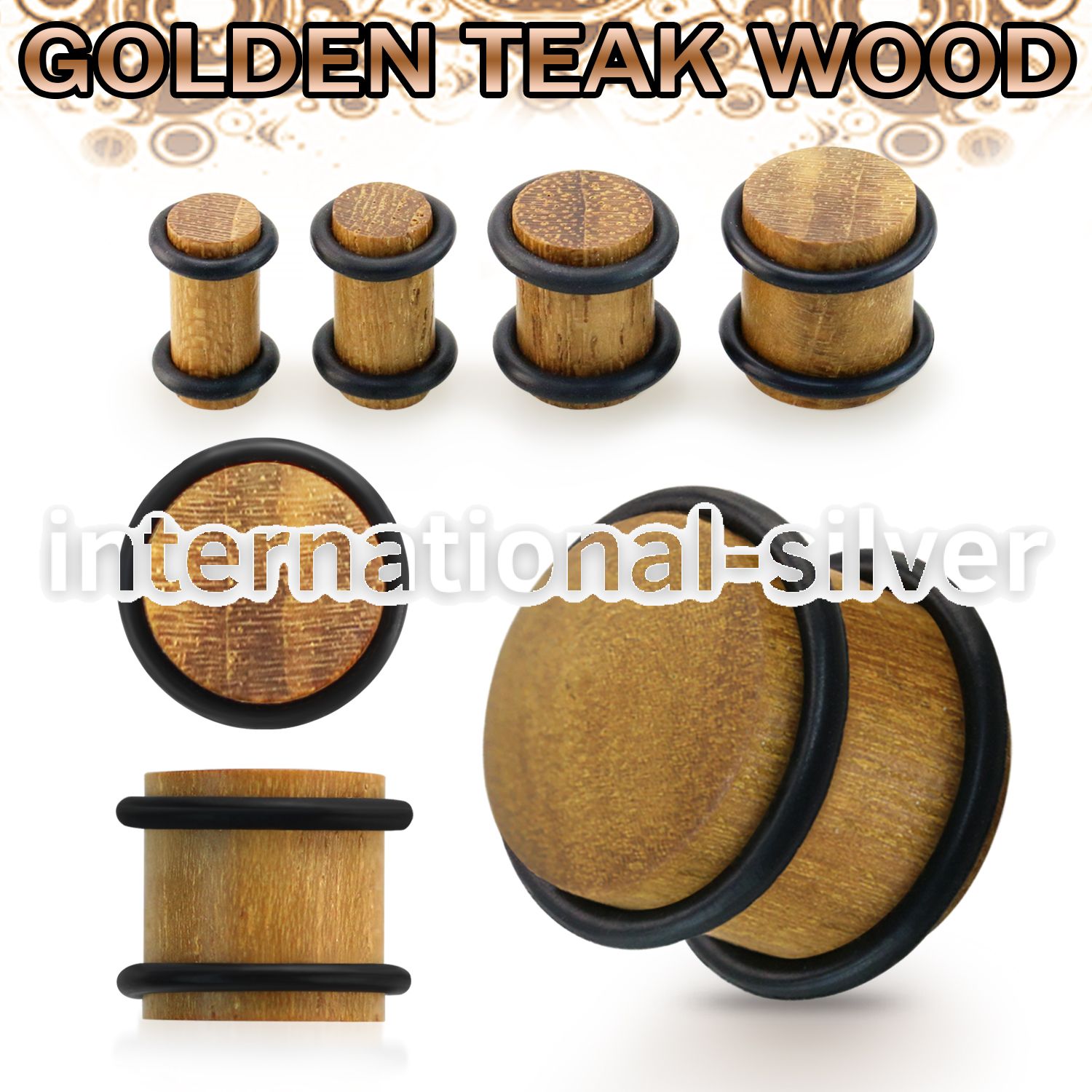 pwtgr golden teak wood ear plug double rubber o rings