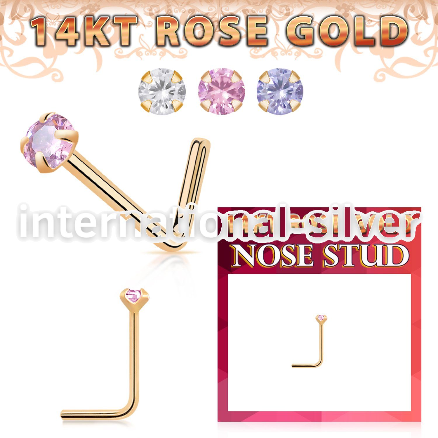 rnsczm15 14 karat rose gold l shaped nose stud 22g color cz
