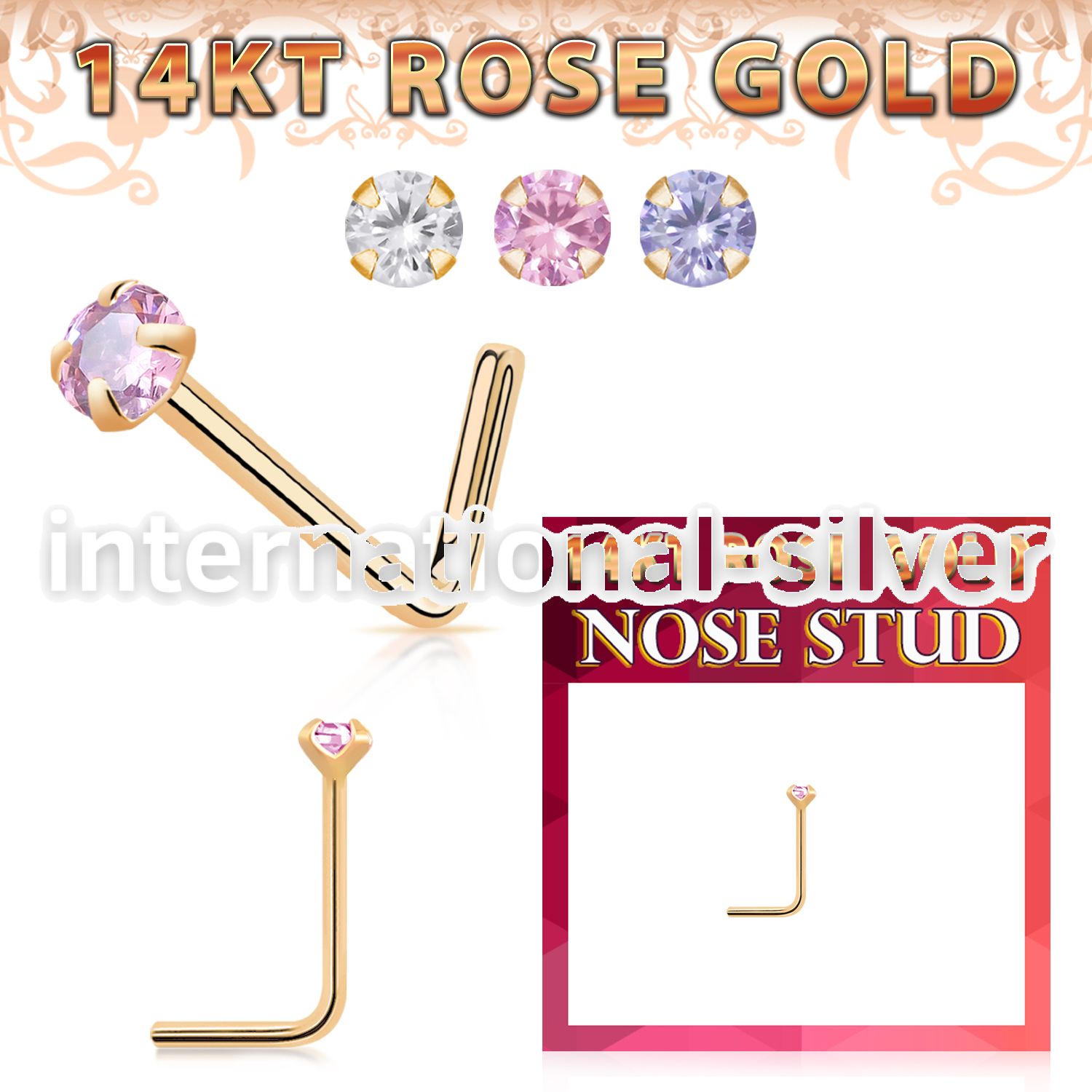 rnsczm15 14 karat rose gold l shaped nose stud 22g color cz